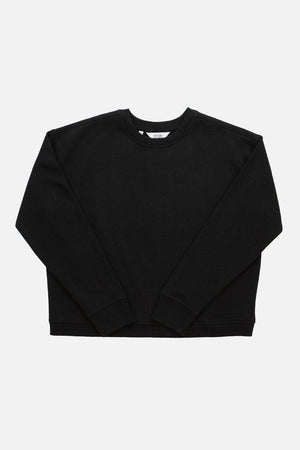 The Hawthorne Boxy Crew Sweatshirt by Bridge & Burn in black is a recycled fleece, long-sleeve crewneck with a boxy fit, shown laid flat on a white background.