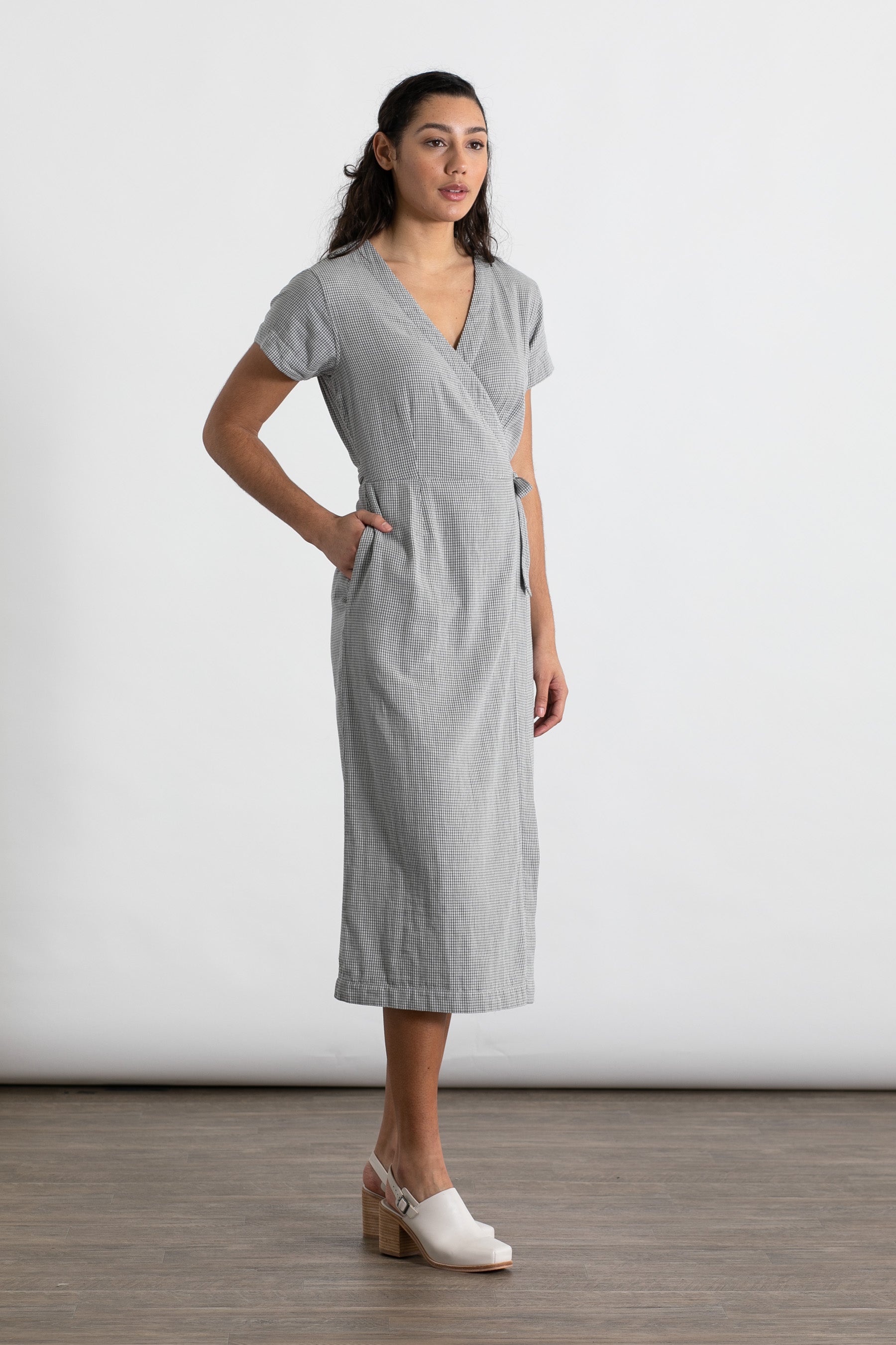 Saria Wrap Dress / Ivory Grid Doublecloth
